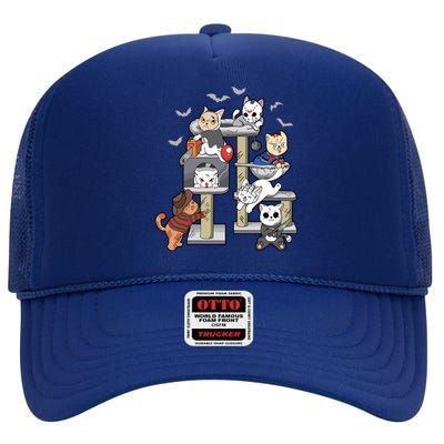 Funny Cat Horror Movies Cute Halloween Cat Lovers Matching High Crown Mesh Back Trucker Hat