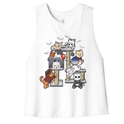 Funny Cat Horror Movies Cute Halloween Cat Lovers Matching Women's Racerback Cropped Tank