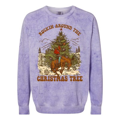 Funny Cowboy Horsing Rocking Around Christmas Tree Western Colorblast Crewneck Sweatshirt