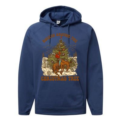 Funny Cowboy Horsing Rocking Around Christmas Tree Western Performance Fleece Hoodie