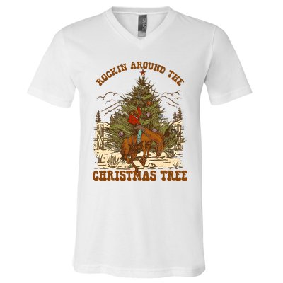 Funny Cowboy Horsing Rocking Around Christmas Tree Western V-Neck T-Shirt