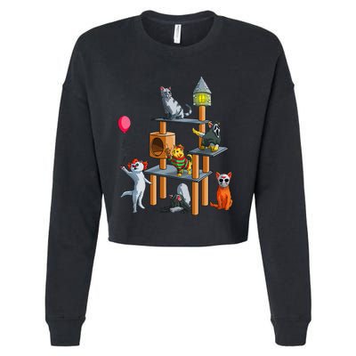 Funny Cat Horror Movies Cute Halloween For Cat Kitty Lovers Cropped Pullover Crew