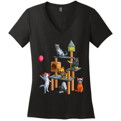 Funny Cat Horror Movies Cute Halloween For Cat Kitty Lovers Women's V-Neck T-Shirt