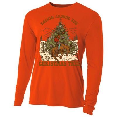 Funny Cow Horsing Rocking Around Christmas Tree Western Cute Gift Cooling Performance Long Sleeve Crew