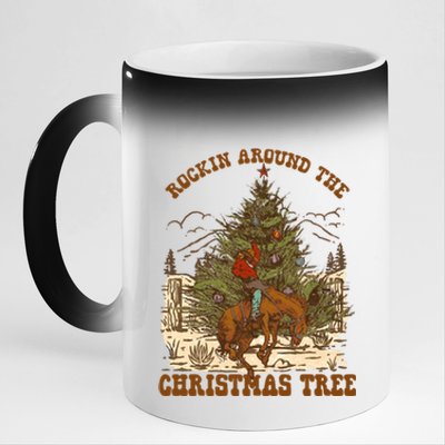 Funny Cow Horsing Rocking Around Christmas Tree Western Cute Gift 11oz Black Color Changing Mug