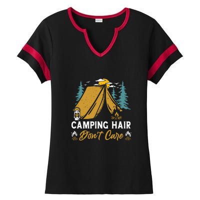 Funny Camp Hair Dont Care Gift Camping Outdoor Gift Ladies Halftime Notch Neck Tee