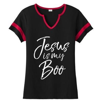 Funny Christian Halloween Ghost Pun Joke Jesus Is My Boo Gift Ladies Halftime Notch Neck Tee