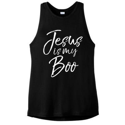 Funny Christian Halloween Ghost Pun Joke Jesus Is My Boo Gift Ladies PosiCharge Tri-Blend Wicking Tank