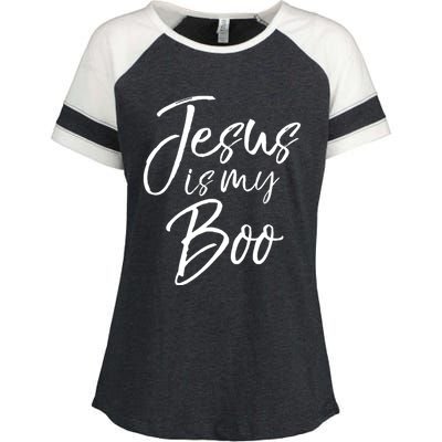 Funny Christian Halloween Ghost Pun Joke Jesus Is My Boo Gift Enza Ladies Jersey Colorblock Tee