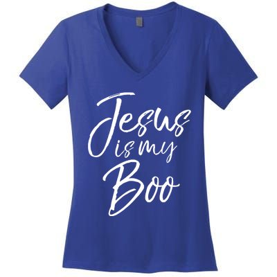 Funny Christian Halloween Ghost Pun Joke Jesus Is My Boo Gift Women's V-Neck T-Shirt