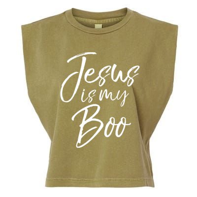 Funny Christian Halloween Ghost Pun Joke Jesus Is My Boo Gift Garment-Dyed Women's Muscle Tee