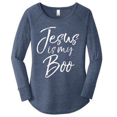 Funny Christian Halloween Ghost Pun Joke Jesus Is My Boo Gift Women's Perfect Tri Tunic Long Sleeve Shirt