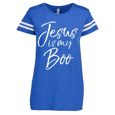 Funny Christian Halloween Ghost Pun Joke Jesus Is My Boo Gift Enza Ladies Jersey Football T-Shirt