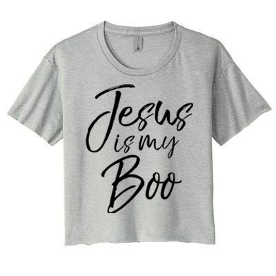 Funny Christian Halloween Ghost Pun Joke Jesus Is My Boo Gift Women's Crop Top Tee