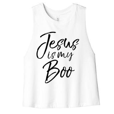 Funny Christian Halloween Ghost Pun Joke Jesus Is My Boo Gift Women's Racerback Cropped Tank