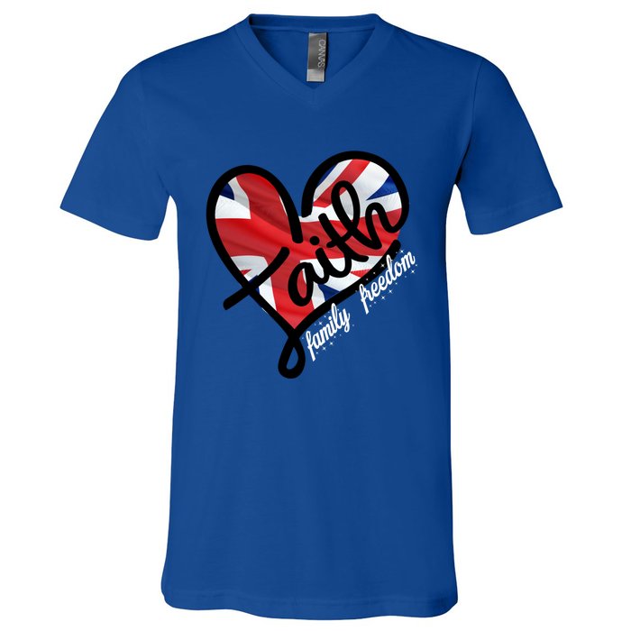 Faith Christian Heart British Flag Family Freedom Cool Gift V-Neck T-Shirt