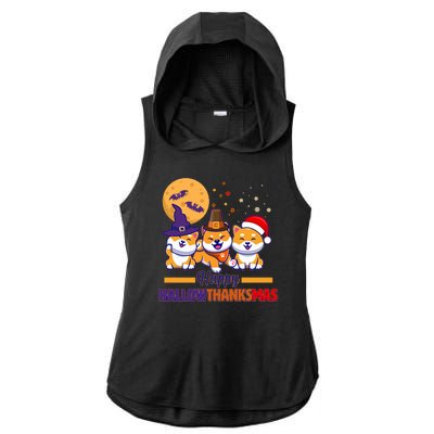 Funny Cute Happy HallowThanksMas Shiba Inu Dogs Ladies PosiCharge Tri-Blend Wicking Draft Hoodie Tank