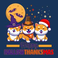 Funny Cute Happy HallowThanksMas Shiba Inu Dogs 7 Panel Mesh Trucker Snapback Hat