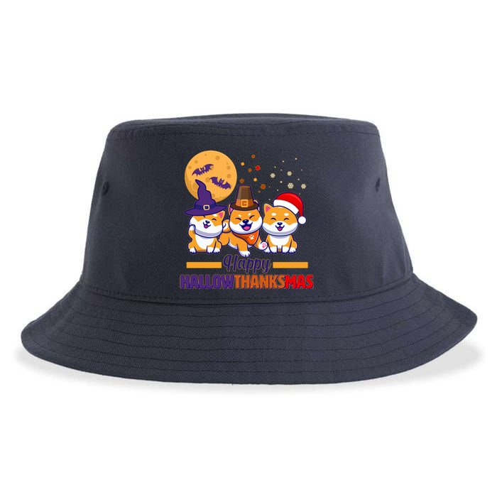 Funny Cute Happy HallowThanksMas Shiba Inu Dogs Sustainable Bucket Hat