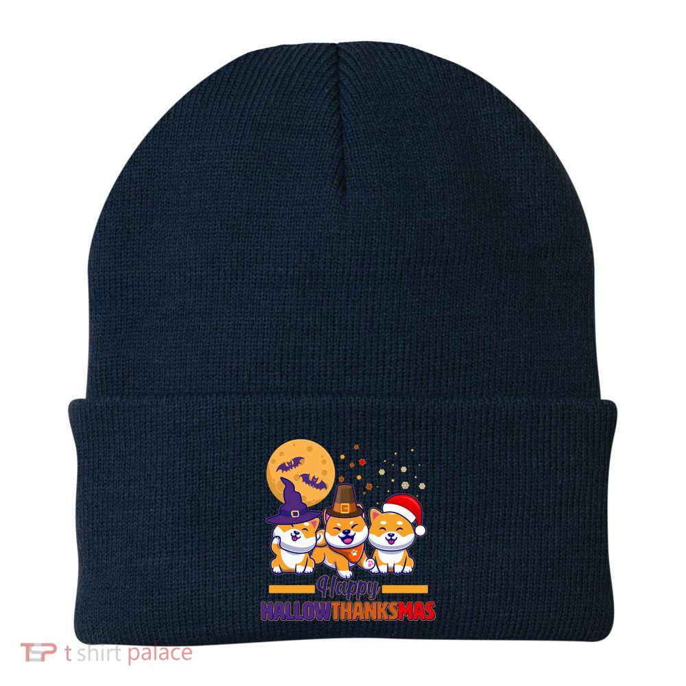 Funny Cute Happy HallowThanksMas Shiba Inu Dogs Beanie
