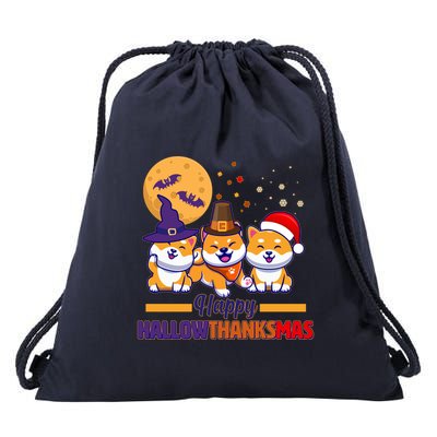 Funny Cute Happy HallowThanksMas Shiba Inu Dogs Drawstring Bag