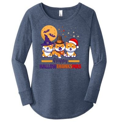 Funny Cute Happy HallowThanksMas Shiba Inu Dogs Women's Perfect Tri Tunic Long Sleeve Shirt