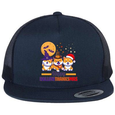Funny Cute Happy HallowThanksMas Shiba Inu Dogs Flat Bill Trucker Hat