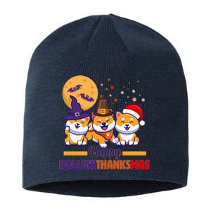 Funny Cute Happy HallowThanksMas Shiba Inu Dogs Sustainable Beanie