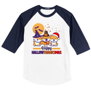 Funny Cute Happy HallowThanksMas Shiba Inu Dogs Baseball Sleeve Shirt