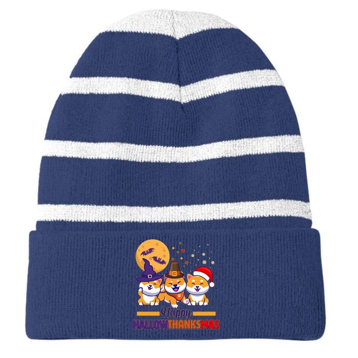 Funny Cute Happy HallowThanksMas Shiba Inu Dogs Striped Beanie with Solid Band