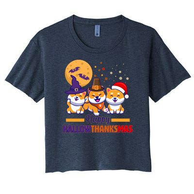 Funny Cute Happy HallowThanksMas Shiba Inu Dogs Women's Crop Top Tee