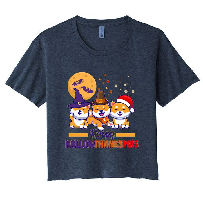 Funny Cute Happy HallowThanksMas Shiba Inu Dogs Women's Crop Top Tee