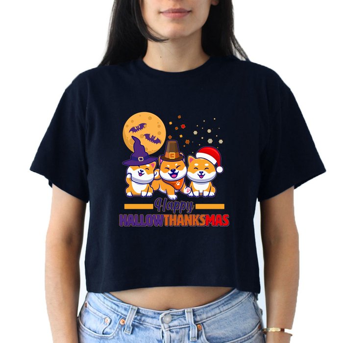 Funny Cute Happy HallowThanksMas Shiba Inu Dogs Women's Crop Top Tee