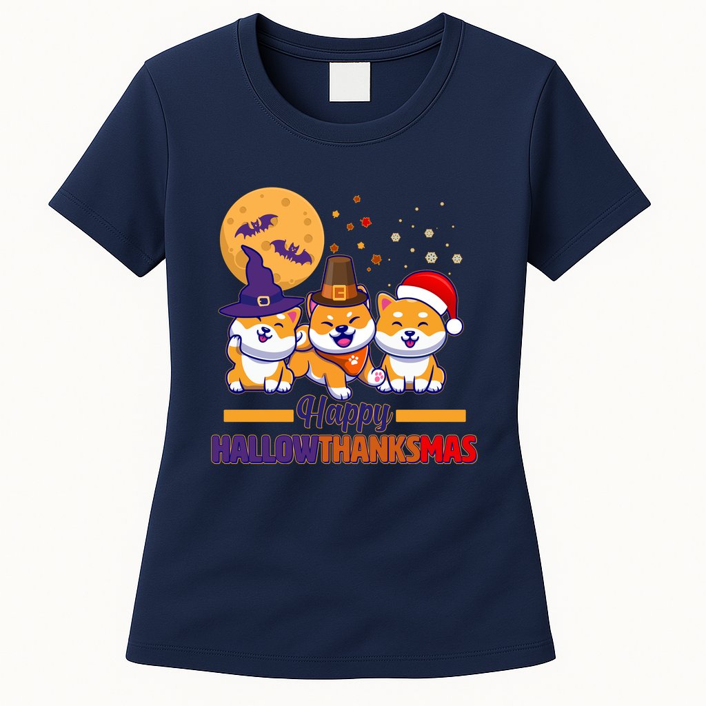 Funny Cute Happy HallowThanksMas Shiba Inu Dogs Womens T-Shirt