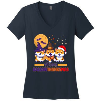 Funny Cute Happy HallowThanksMas Shiba Inu Dogs Women's V-Neck T-Shirt