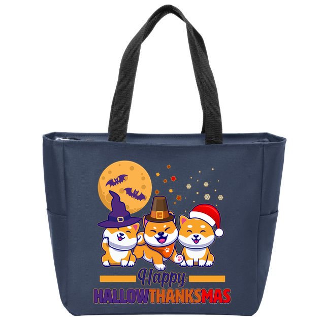 Funny Cute Happy HallowThanksMas Shiba Inu Dogs Zip Tote Bag