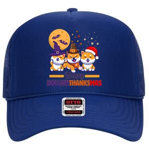 Funny Cute Happy HallowThanksMas Shiba Inu Dogs High Crown Mesh Back Trucker Hat