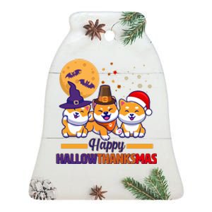 Funny Cute Happy HallowThanksMas Shiba Inu Dogs Ceramic Bell Ornament