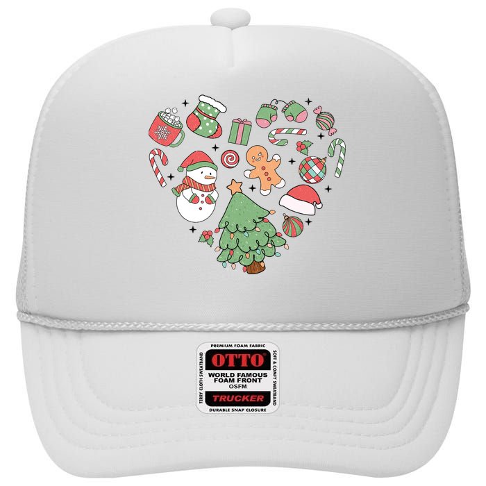 Festive Christmas Heart Holiday High Crown Mesh Back Trucker Hat