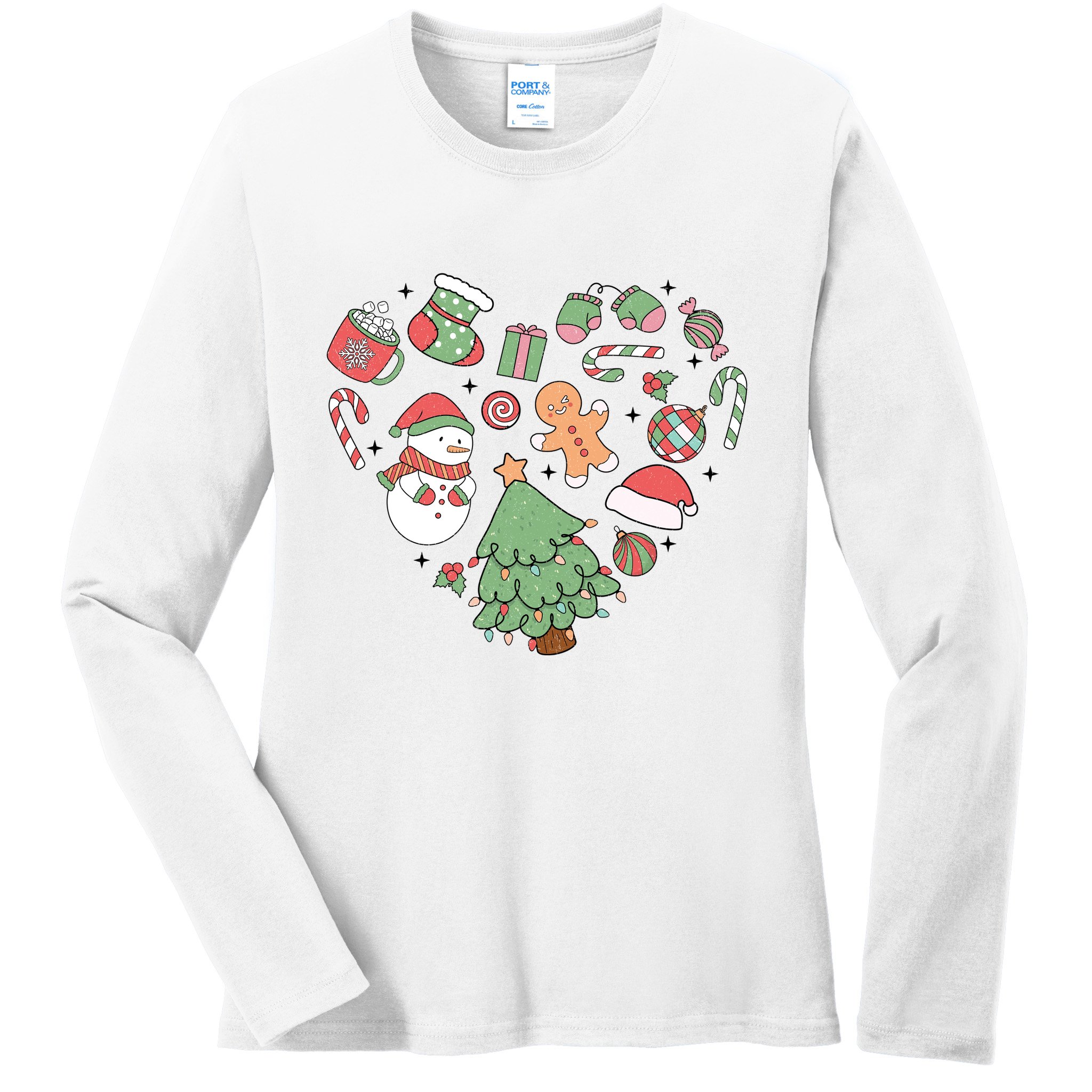 Festive Christmas Heart Holiday Ladies Long Sleeve Shirt
