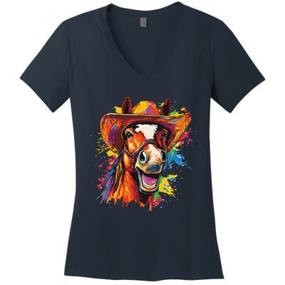 Funny Cowboy Horse Illustration Laugh Women's V-Neck T-Shirt