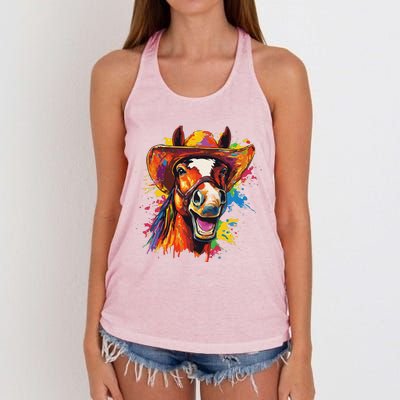 Funny Cowboy Horse Illustration Laugh Women's Knotted Racerback Tank