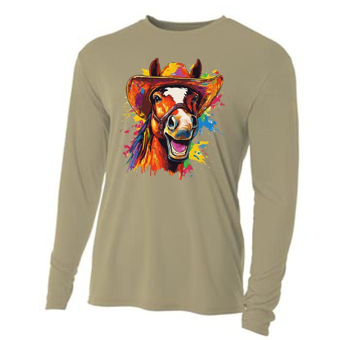 Funny Cowboy Horse Illustration Laugh Cooling Performance Long Sleeve Crew