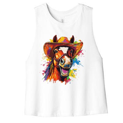 Funny Cowboy Horse Illustration Laugh Women's Racerback Cropped Tank