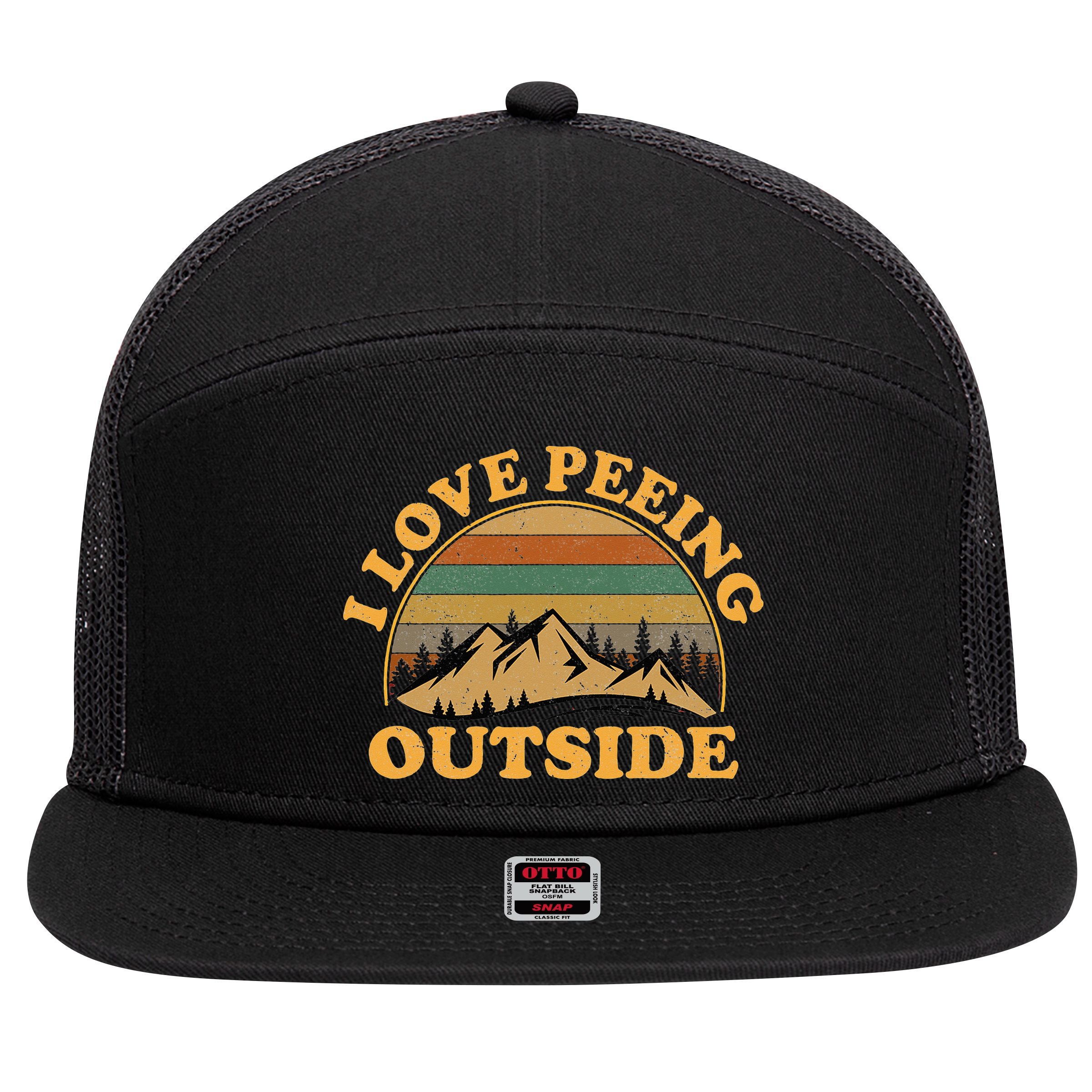 funny Camping Hiking I Love Peeing Outside 7 Panel Mesh Trucker Snapback Hat