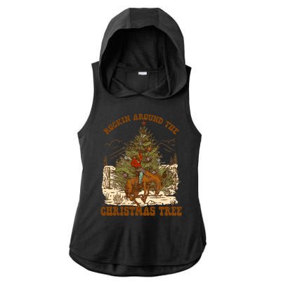 Funny Cowboy Horsing Rocking Around Christmas Tree Western Ladies PosiCharge Tri-Blend Wicking Draft Hoodie Tank