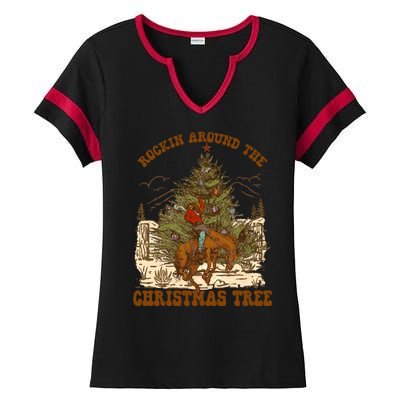 Funny Cowboy Horsing Rocking Around Christmas Tree Western Ladies Halftime Notch Neck Tee