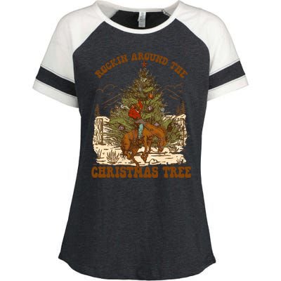 Funny Cowboy Horsing Rocking Around Christmas Tree Western Enza Ladies Jersey Colorblock Tee