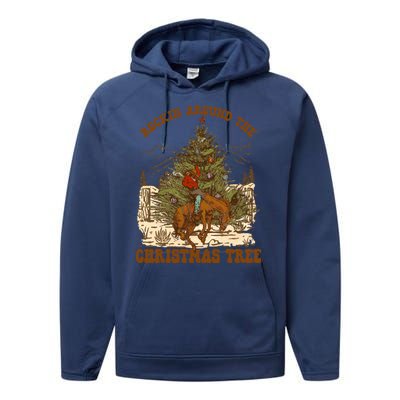 Funny Cowboy Horsing Rocking Around Christmas Tree Western Performance Fleece Hoodie