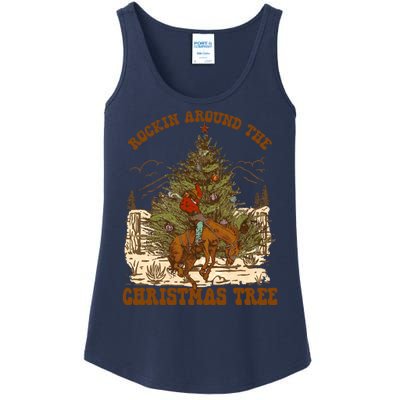 Funny Cowboy Horsing Rocking Around Christmas Tree Western Ladies Essential Tank